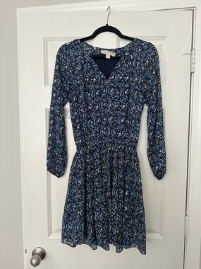 Michael Kors Navy Paisley V-Neck Long Sleeve Dress